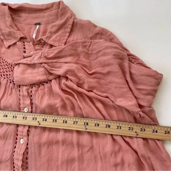 Free People Pink Orange Coral Katie Bird Long Sleeve Button Down Size Large - Picture 9 of 10